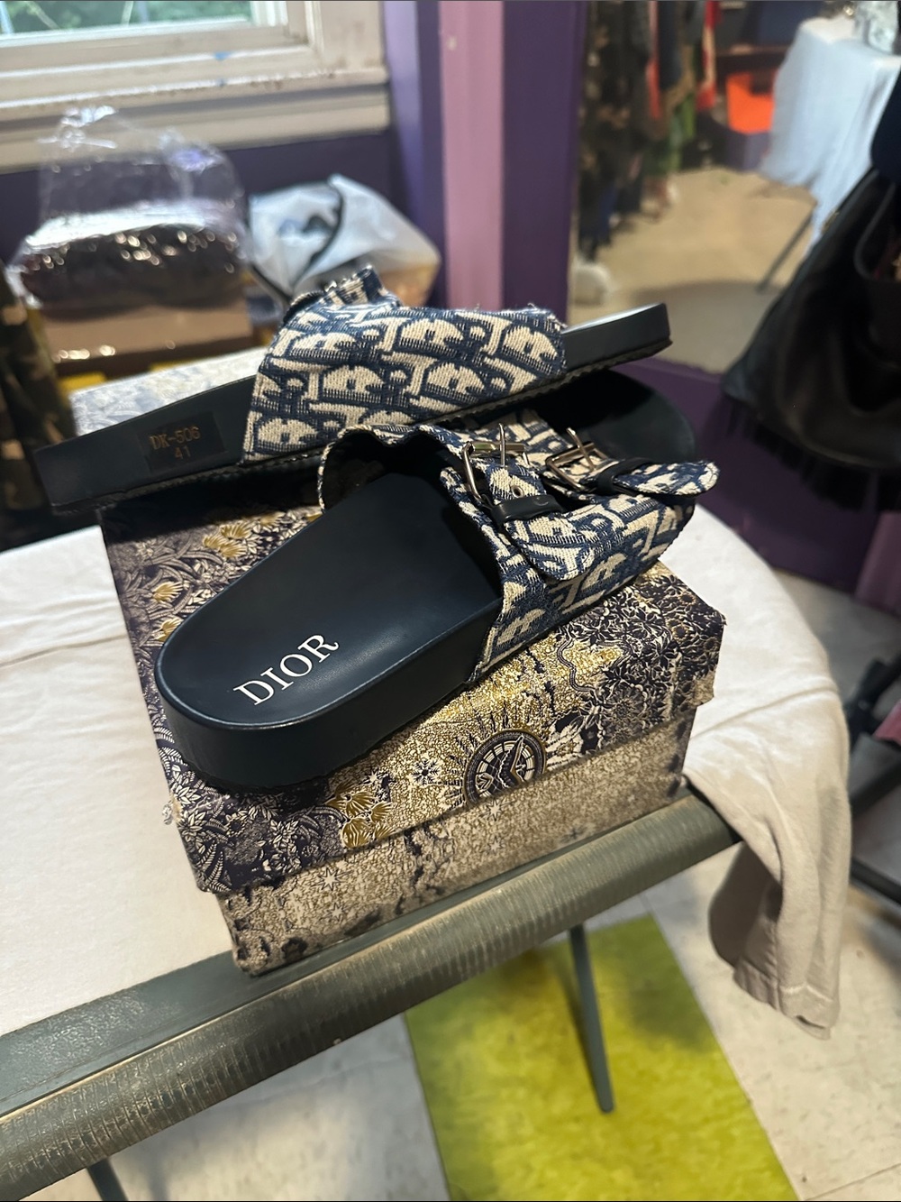 Dior Navy & Cream Oblique Buckle Slide Sandals